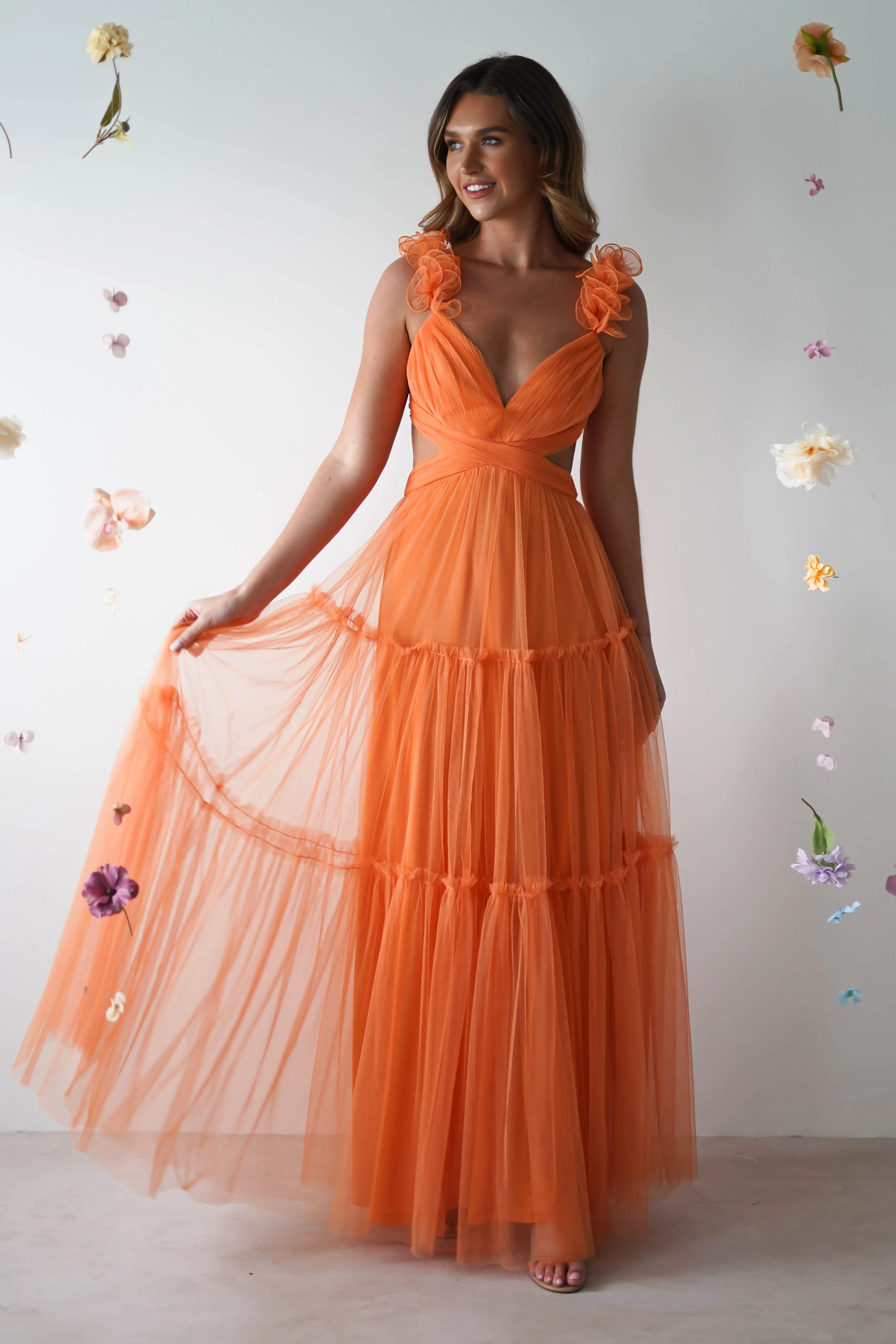 Galiena Ruffle Tulle Maxi Dress | Orange