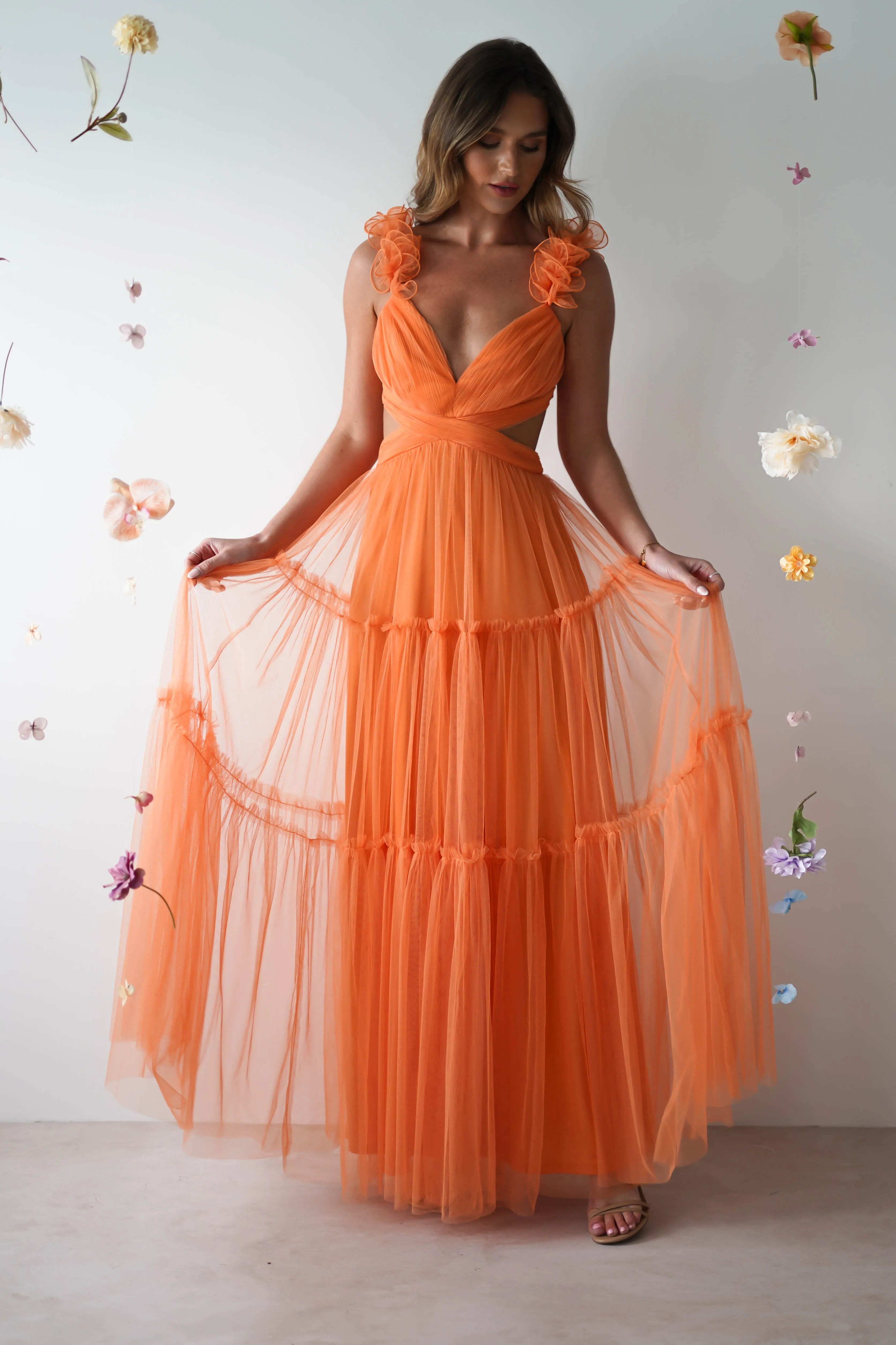 Galiena Ruffle Tulle Maxi Dress | Orange