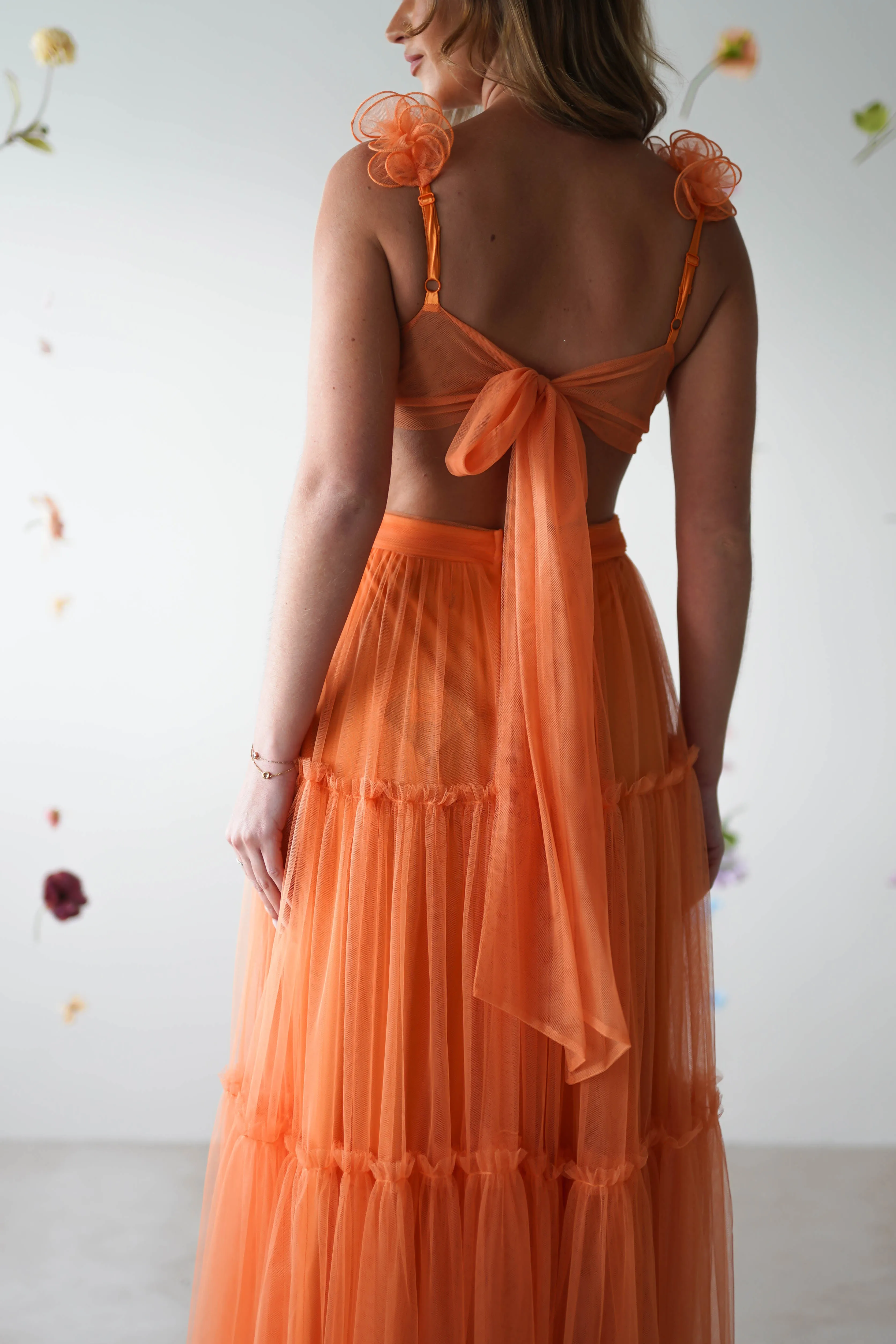 Galiena Ruffle Tulle Maxi Dress | Orange