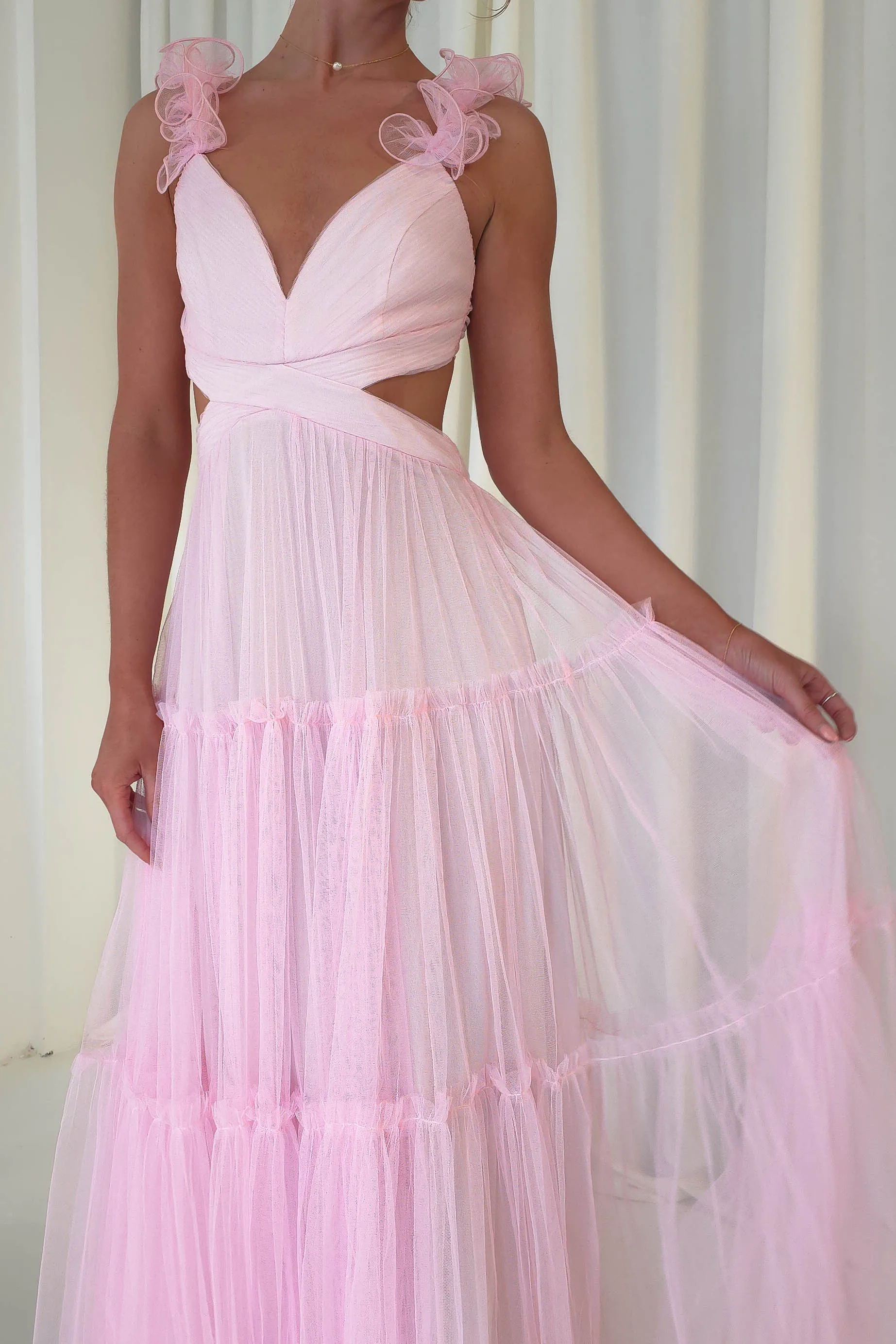 Galiena Ruffle Tulle Maxi Dress | Pink