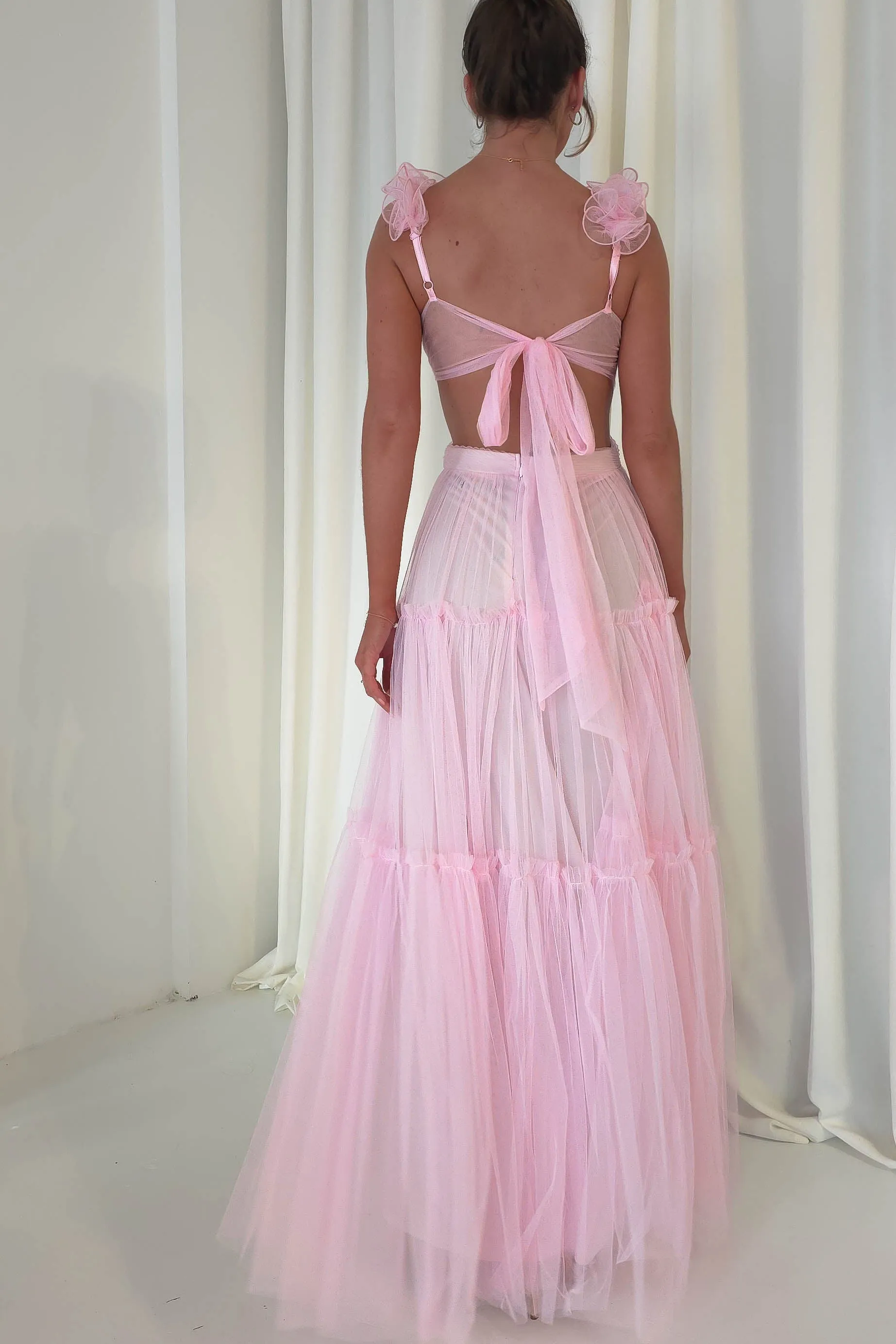 Galiena Ruffle Tulle Maxi Dress | Pink