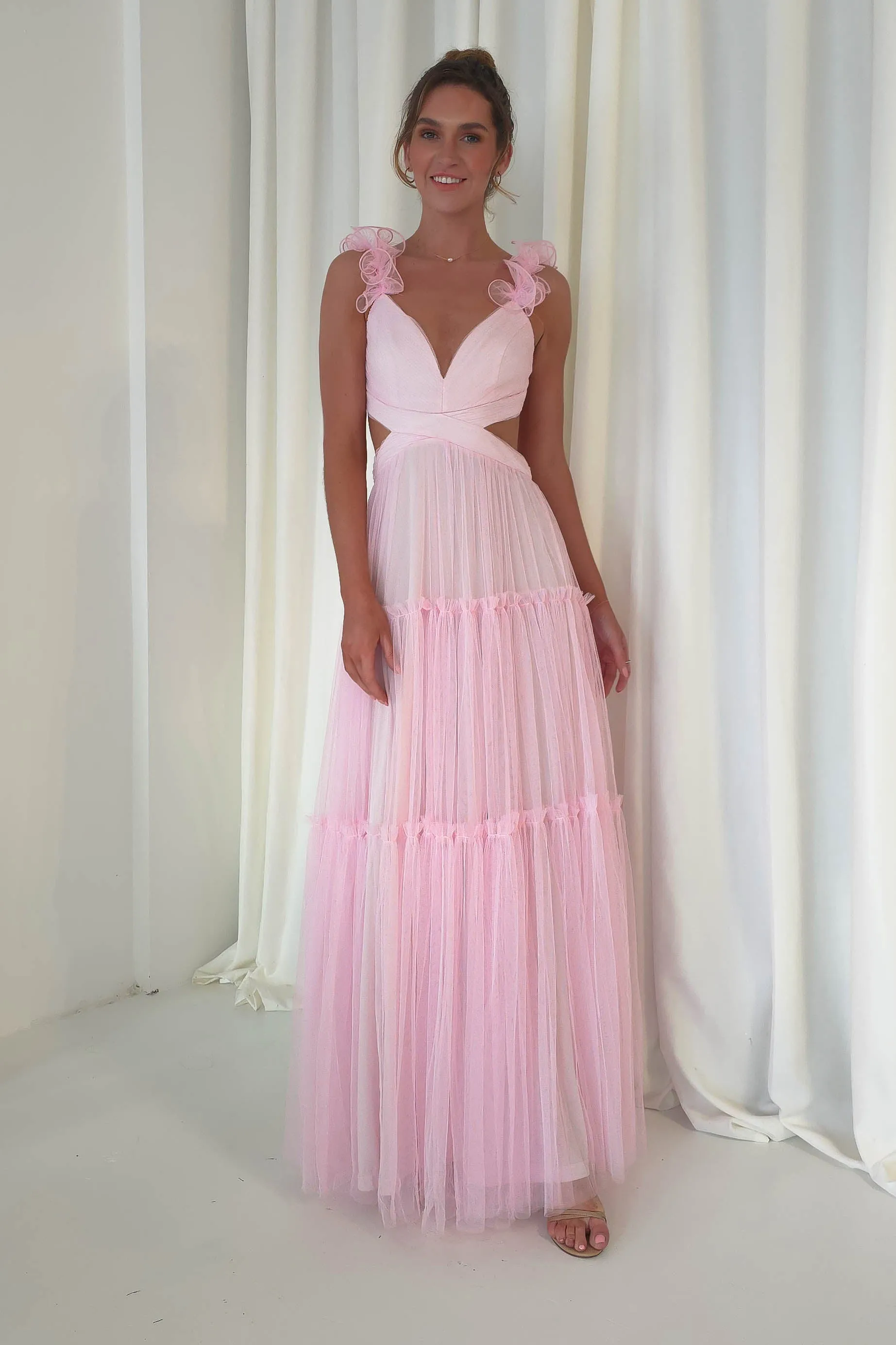 Galiena Ruffle Tulle Maxi Dress | Pink