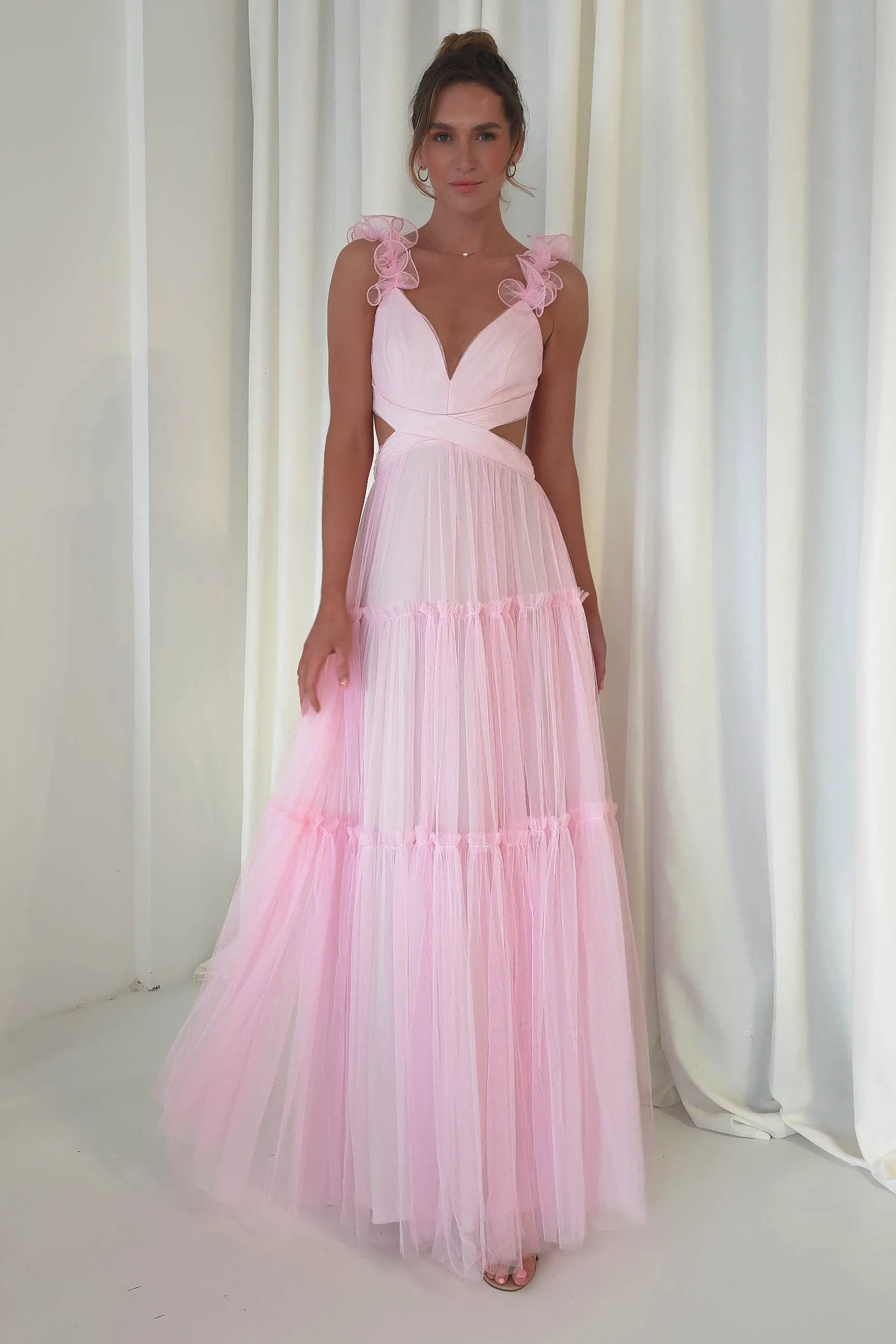 Galiena Ruffle Tulle Maxi Dress | Pink