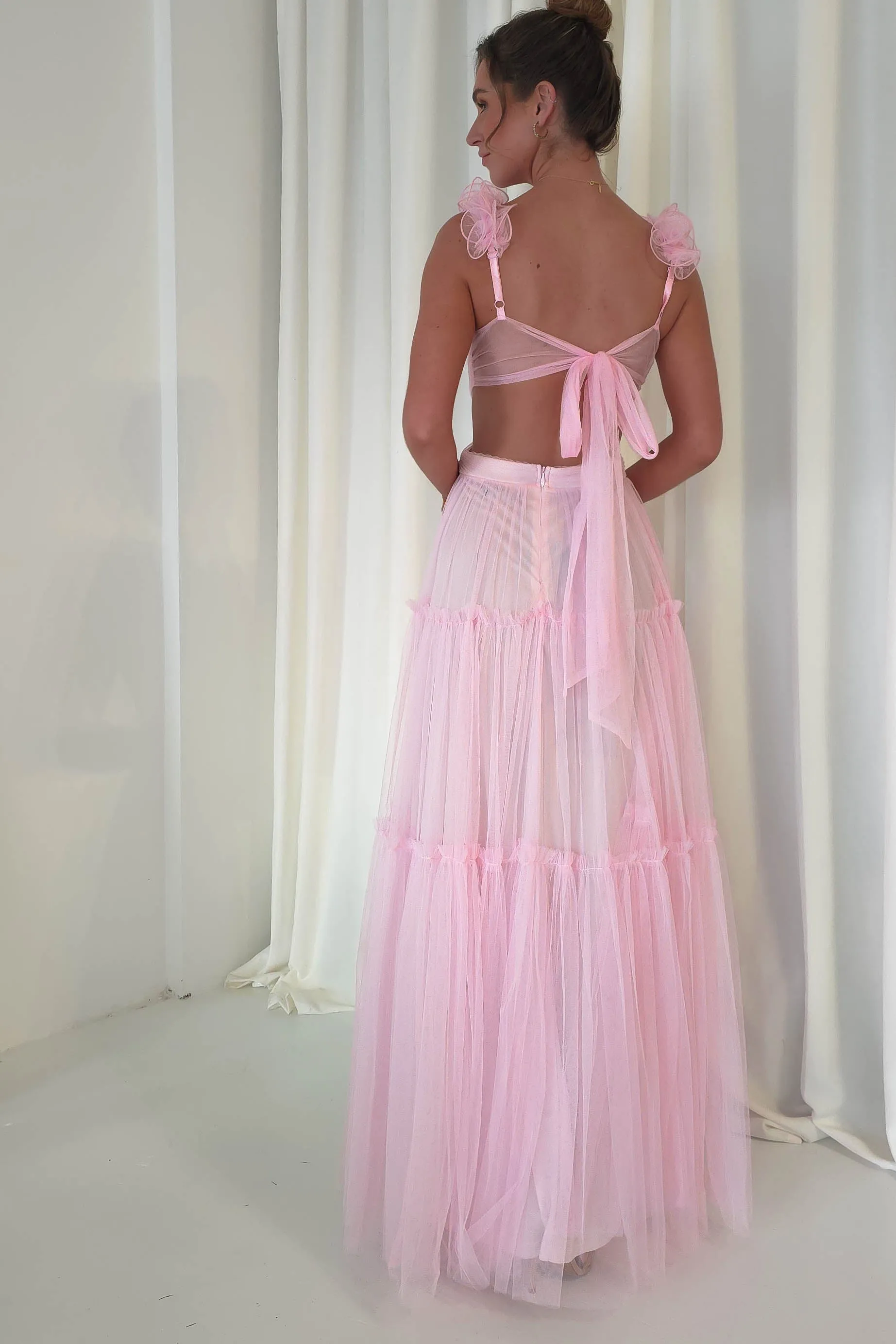 Galiena Ruffle Tulle Maxi Dress | Pink