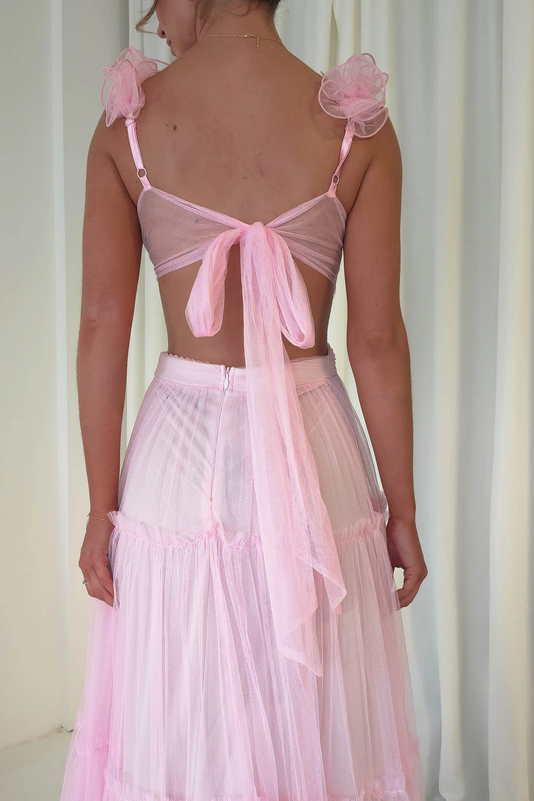 Galiena Ruffle Tulle Maxi Dress | Pink