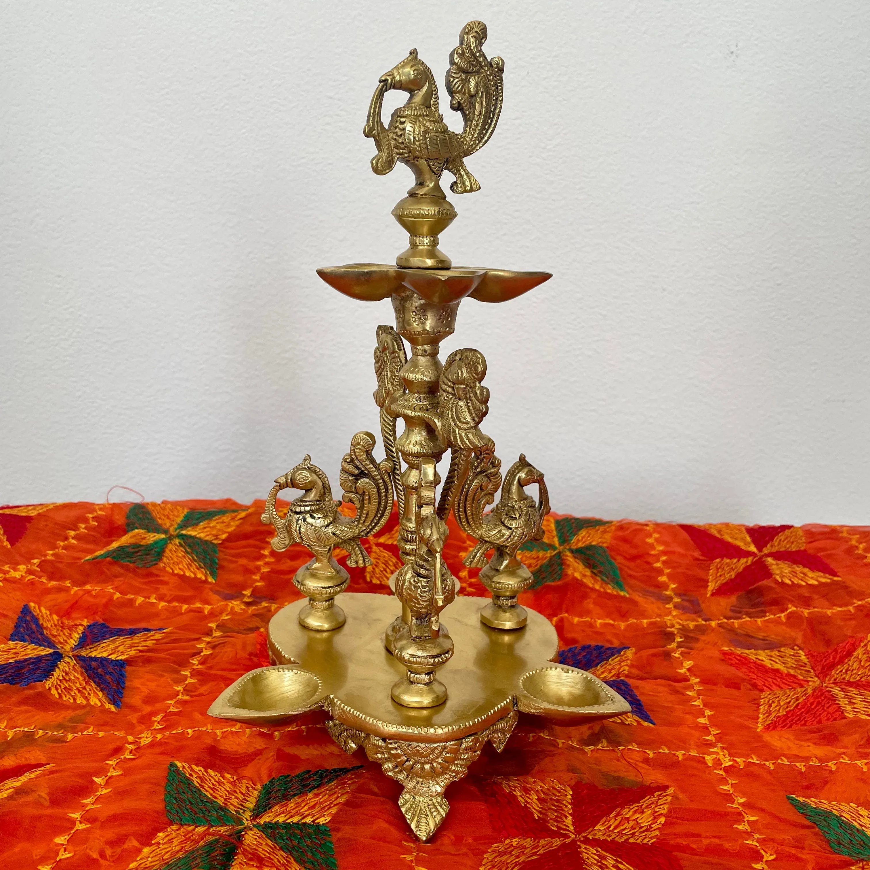 Handmade Standing Brass Diya Lamp : Dancing Peacock