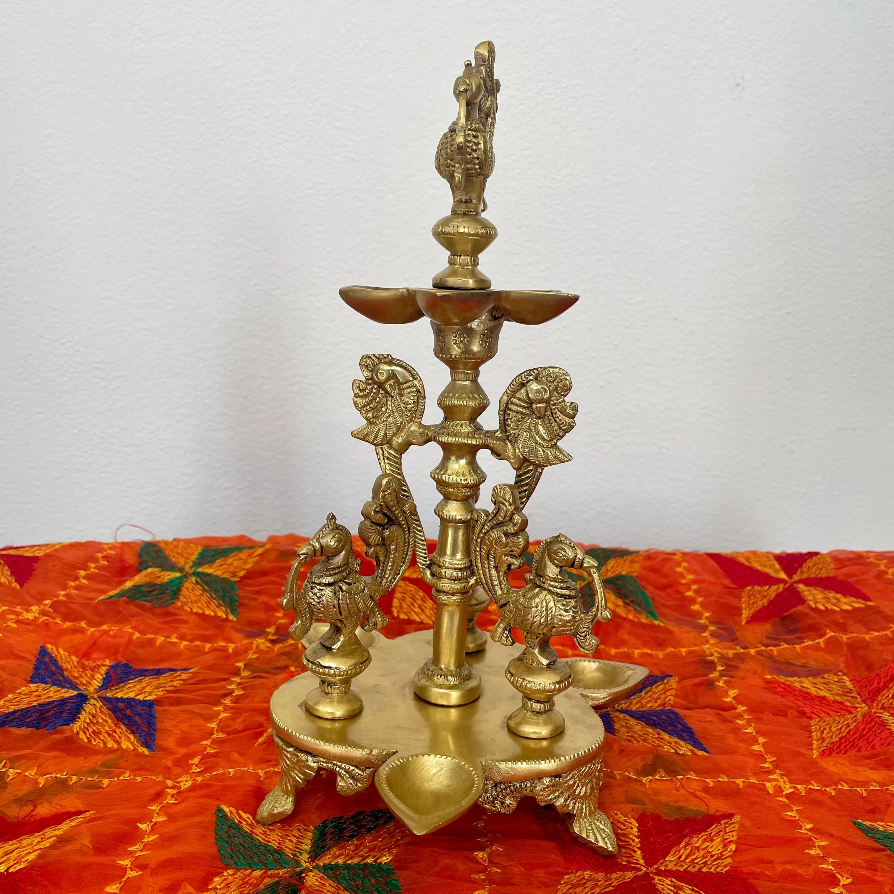 Handmade Standing Brass Diya Lamp : Dancing Peacock