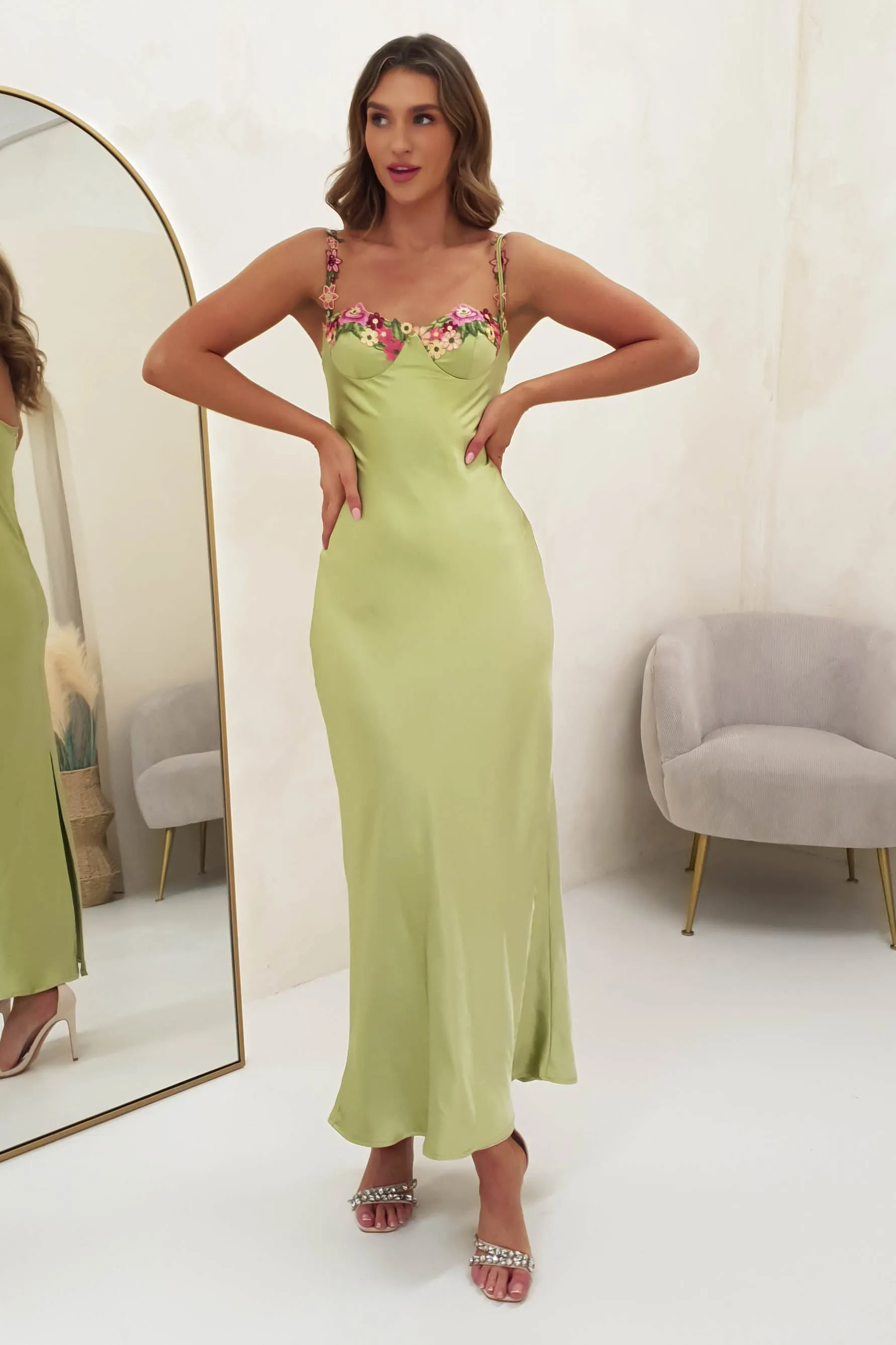 Klabelle Satin Maxi Dress | Lime