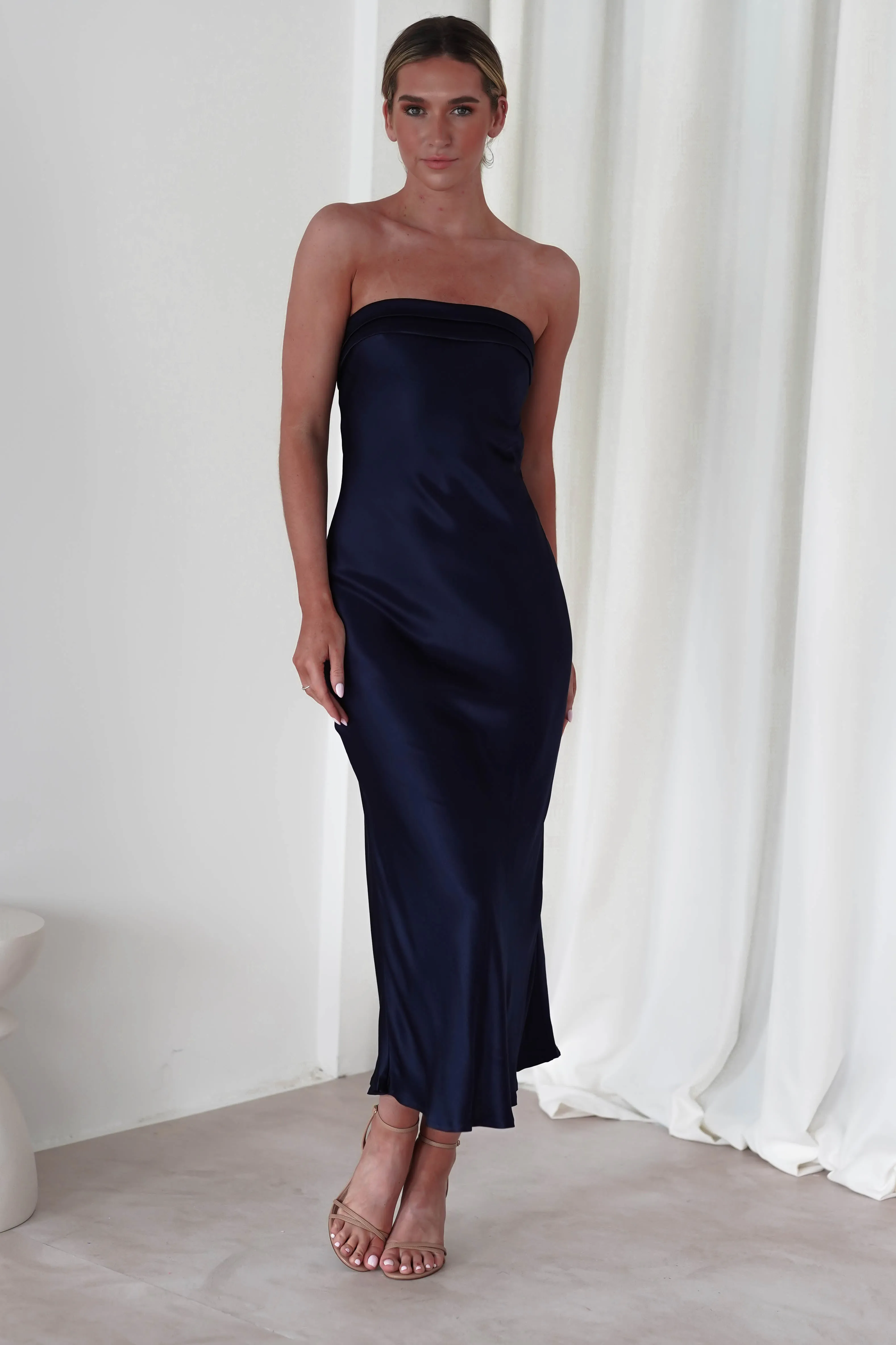 Lucia Soft Satin Slip Midi Dress | Navy