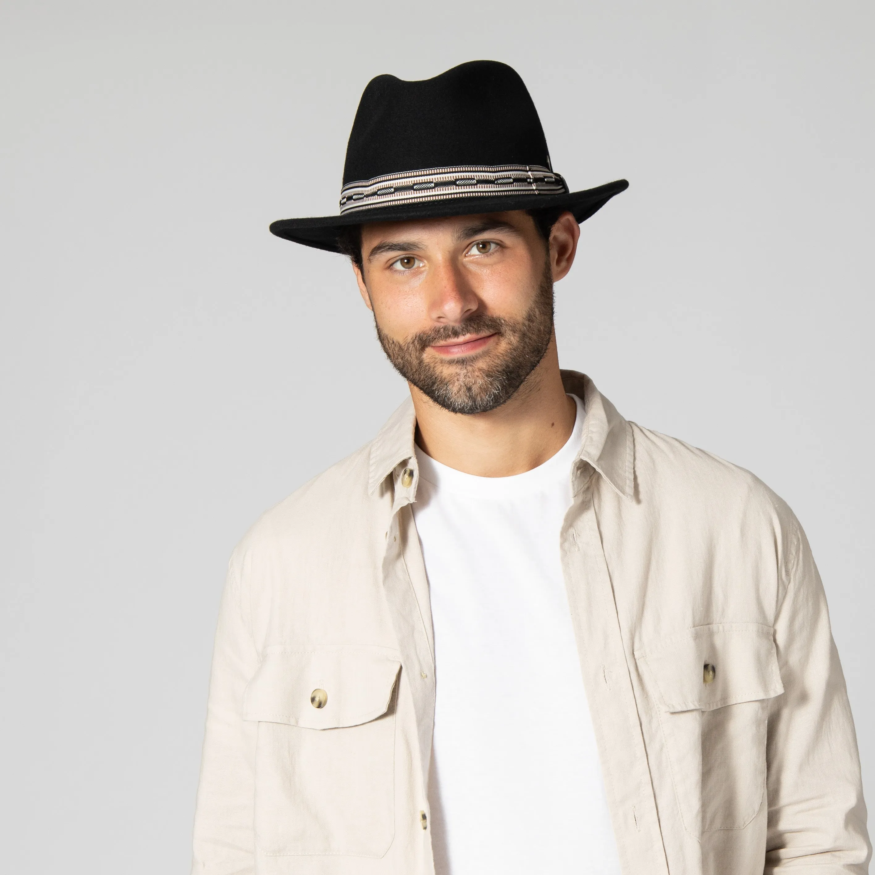 Men's Wool Felt Fedora With Multi Stripe  Jacquard Band