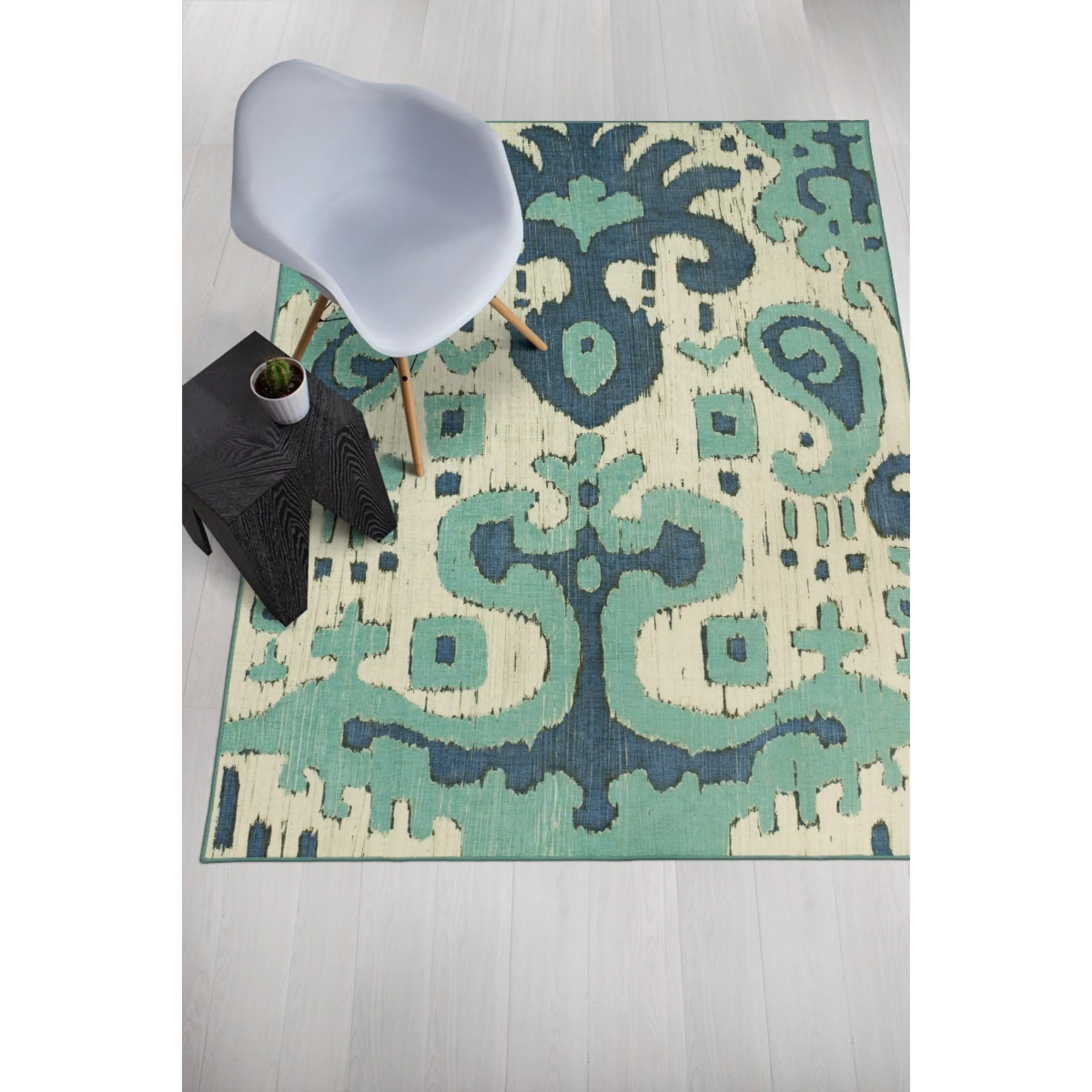 Ochre Ikat Steel Blue Washable Rug