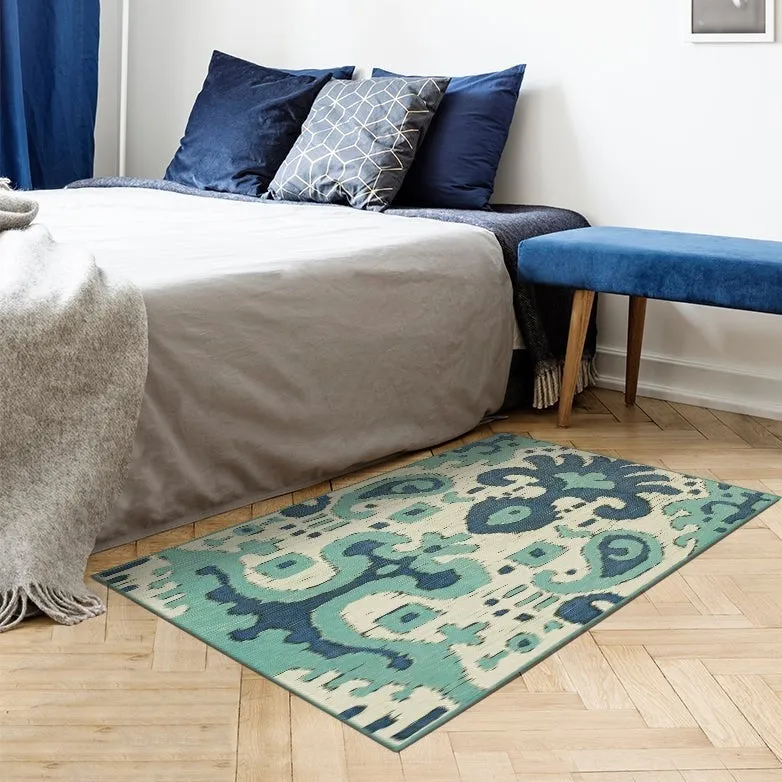 Ochre Ikat Steel Blue Washable Rug