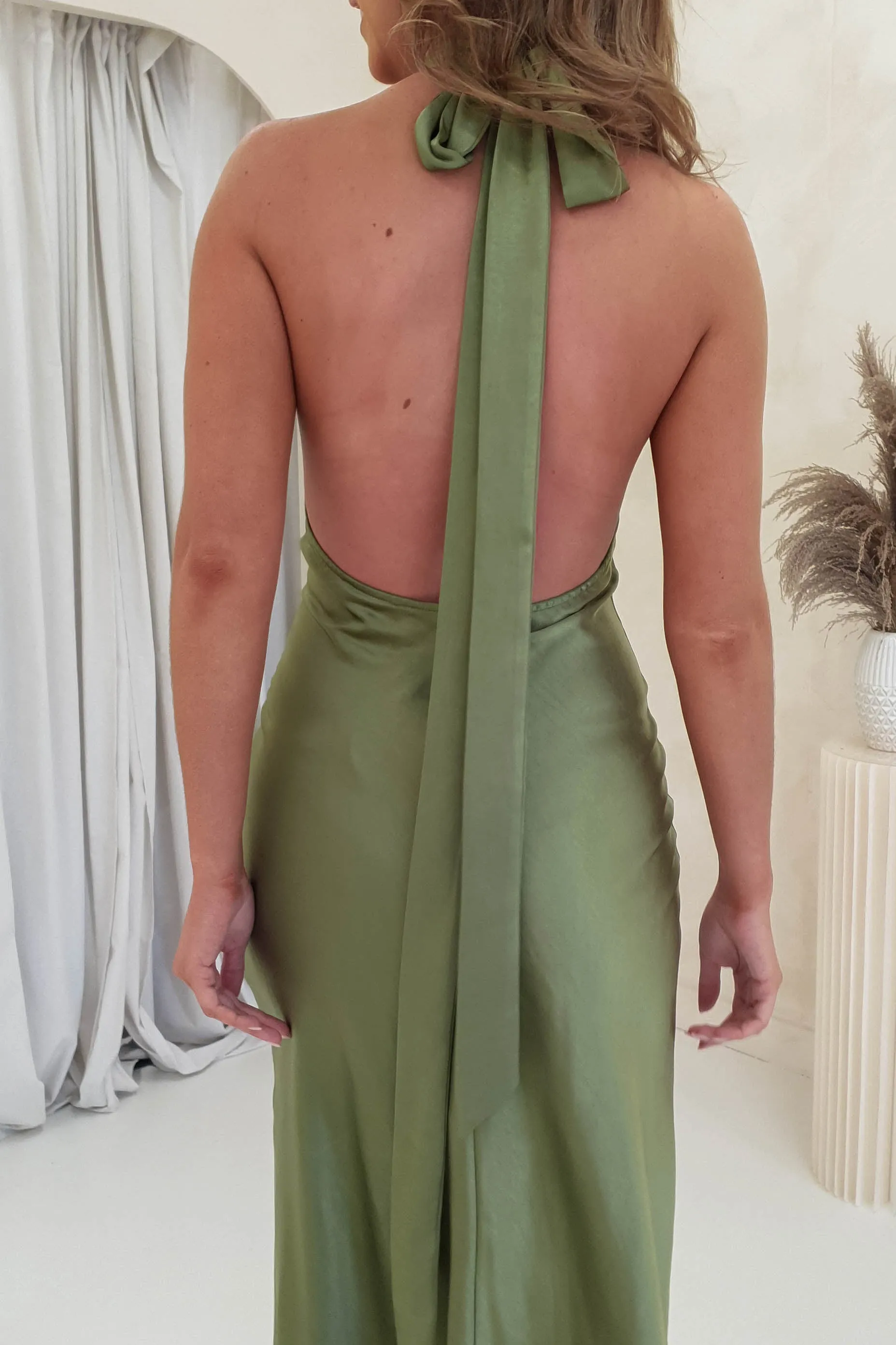 Olivia Soft Satin Midi Dress | Olive