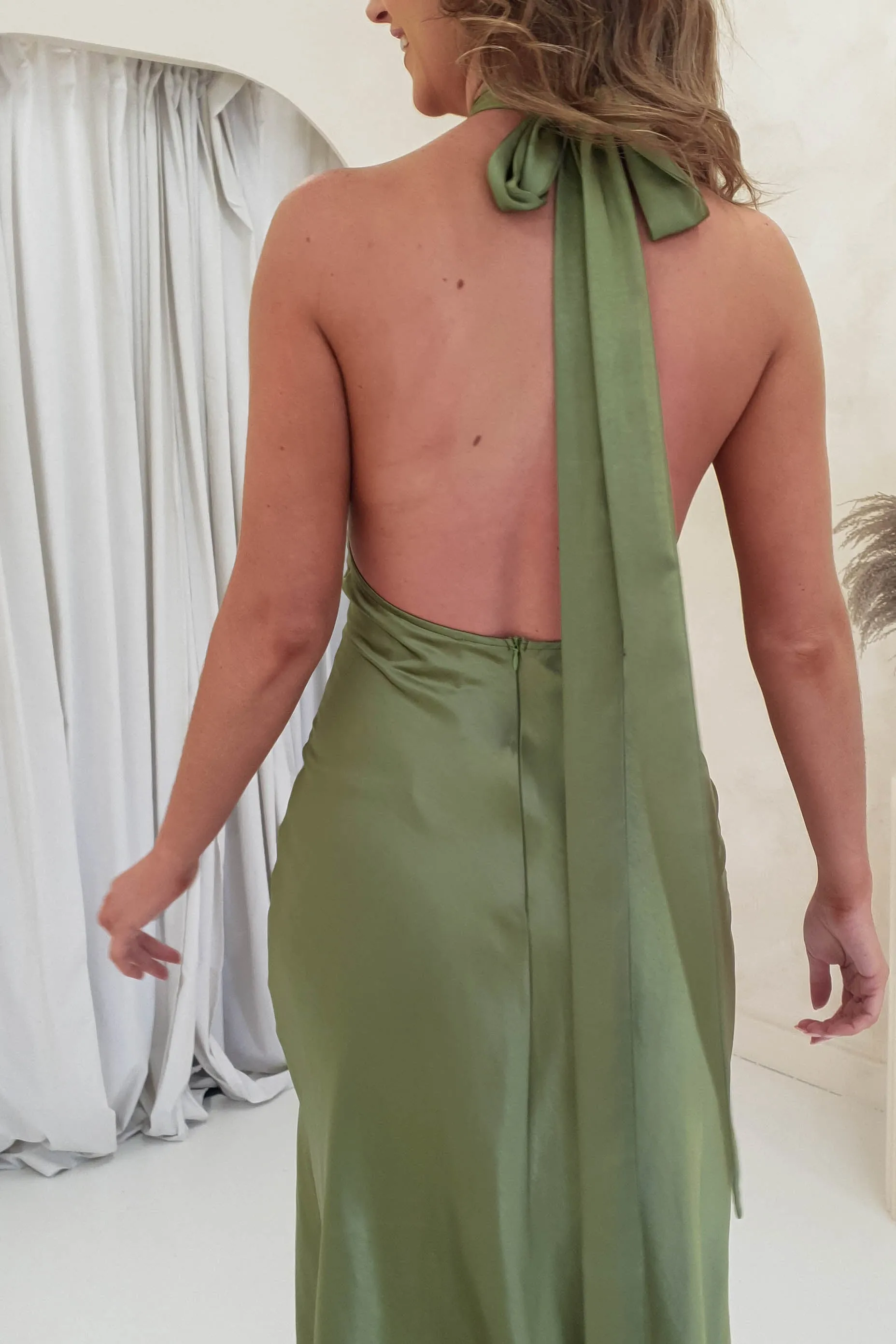Olivia Soft Satin Midi Dress | Olive