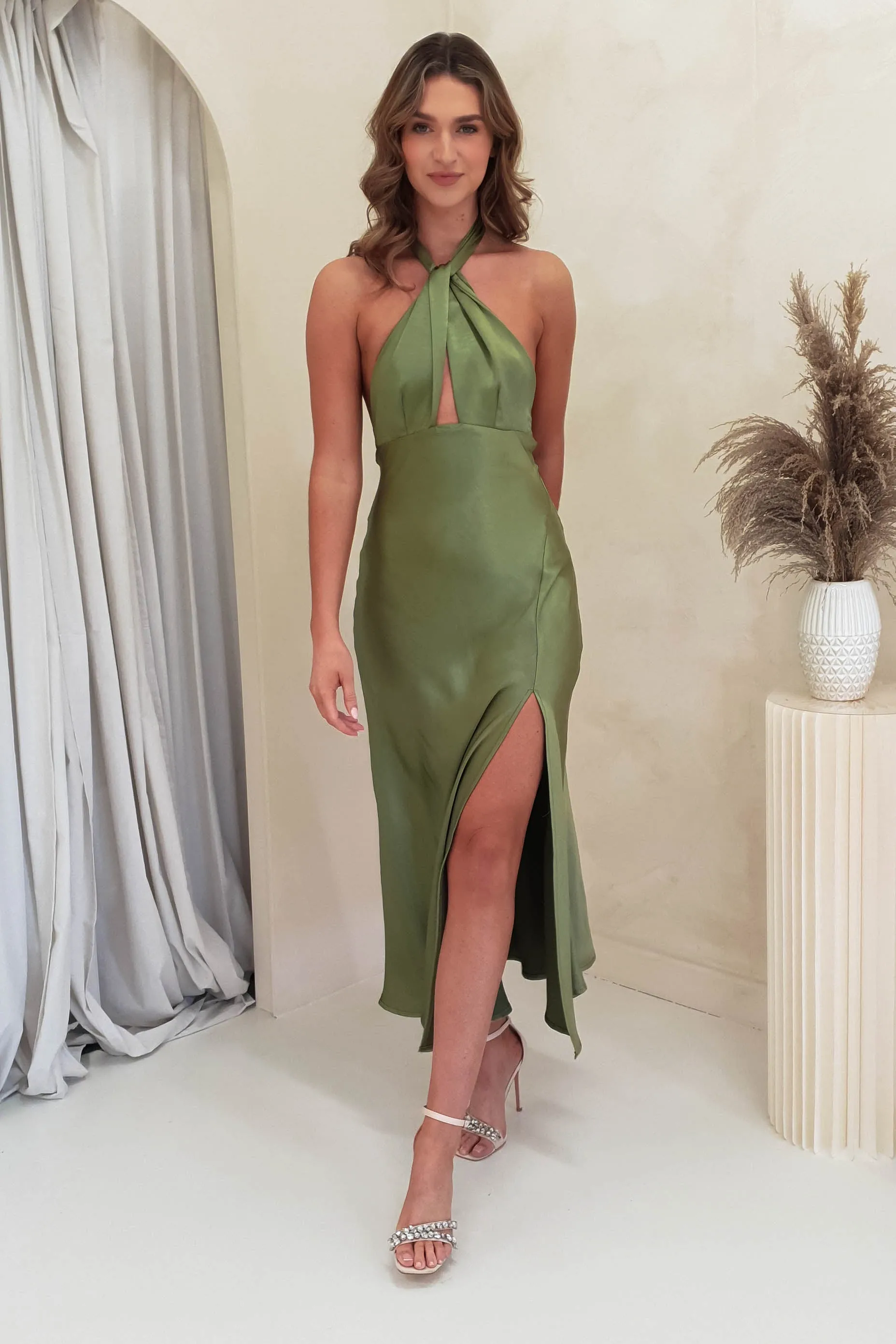Olivia Soft Satin Midi Dress | Olive
