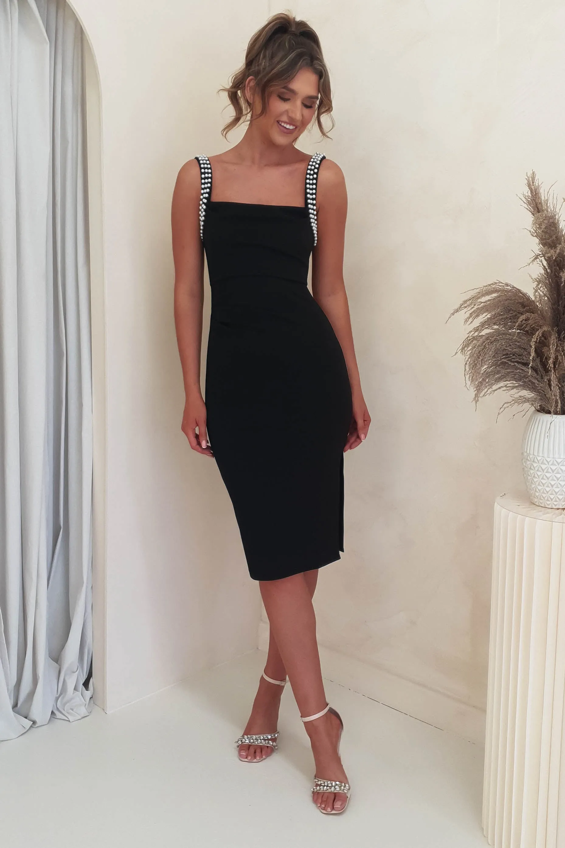Salena Pearl Detail Bodycon Midi Dress | Black