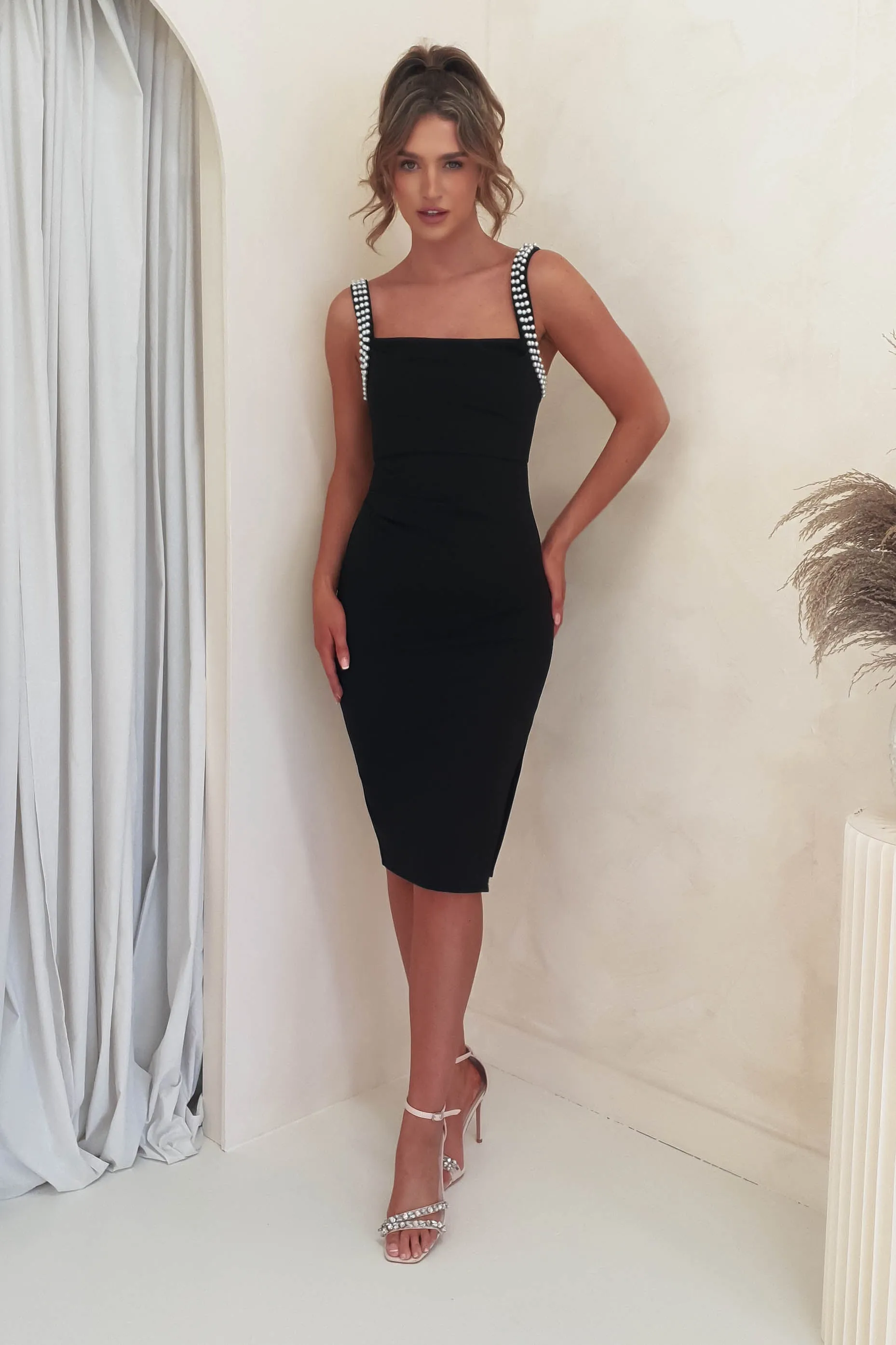 Salena Pearl Detail Bodycon Midi Dress | Black