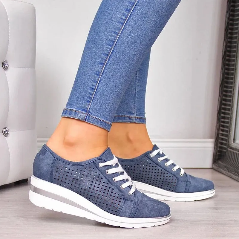 Summer Autumn Casual Canvas Sneakers Breathable Platform Meddle Heel Pointed Toe Air Mesh Shoe