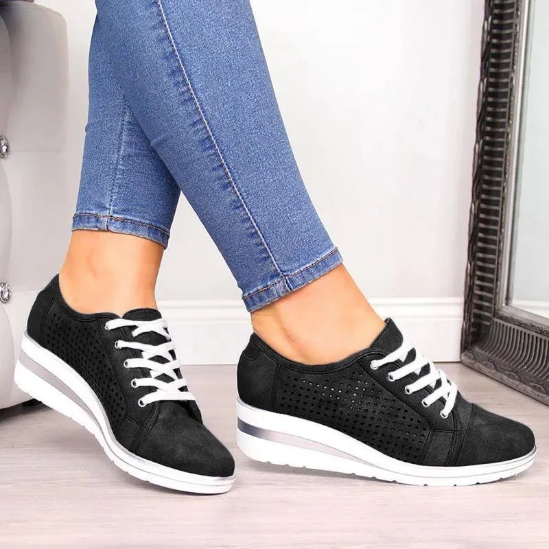 Summer Autumn Casual Canvas Sneakers Breathable Platform Meddle Heel Pointed Toe Air Mesh Shoe