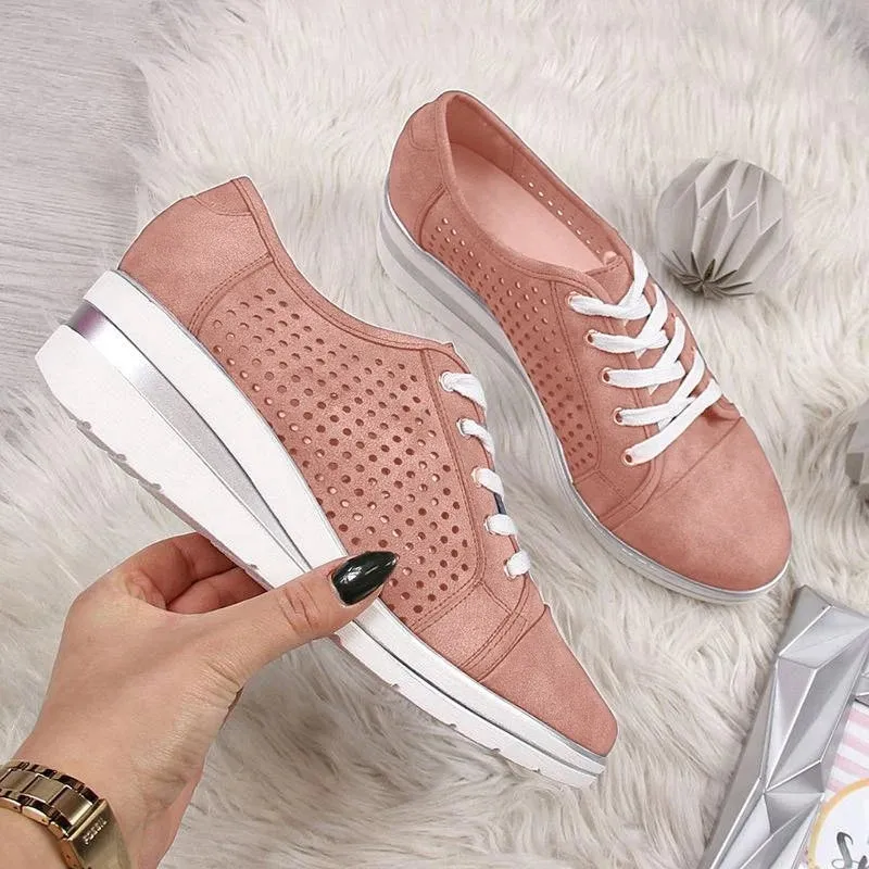 Summer Autumn Casual Canvas Sneakers Breathable Platform Meddle Heel Pointed Toe Air Mesh Shoe