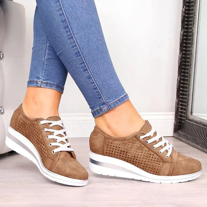 Summer Autumn Casual Canvas Sneakers Breathable Platform Meddle Heel Pointed Toe Air Mesh Shoe