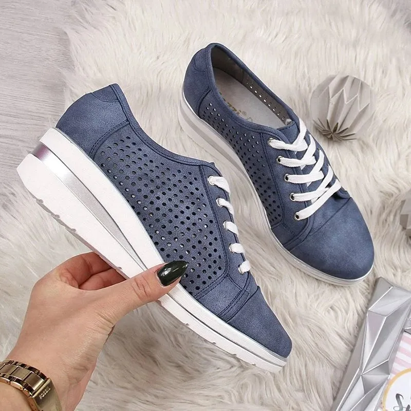 Summer Autumn Casual Canvas Sneakers Breathable Platform Meddle Heel Pointed Toe Air Mesh Shoe
