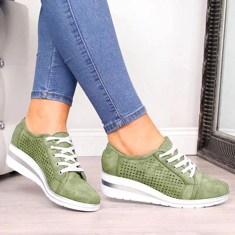 Summer Autumn Casual Canvas Sneakers Breathable Platform Meddle Heel Pointed Toe Air Mesh Shoe
