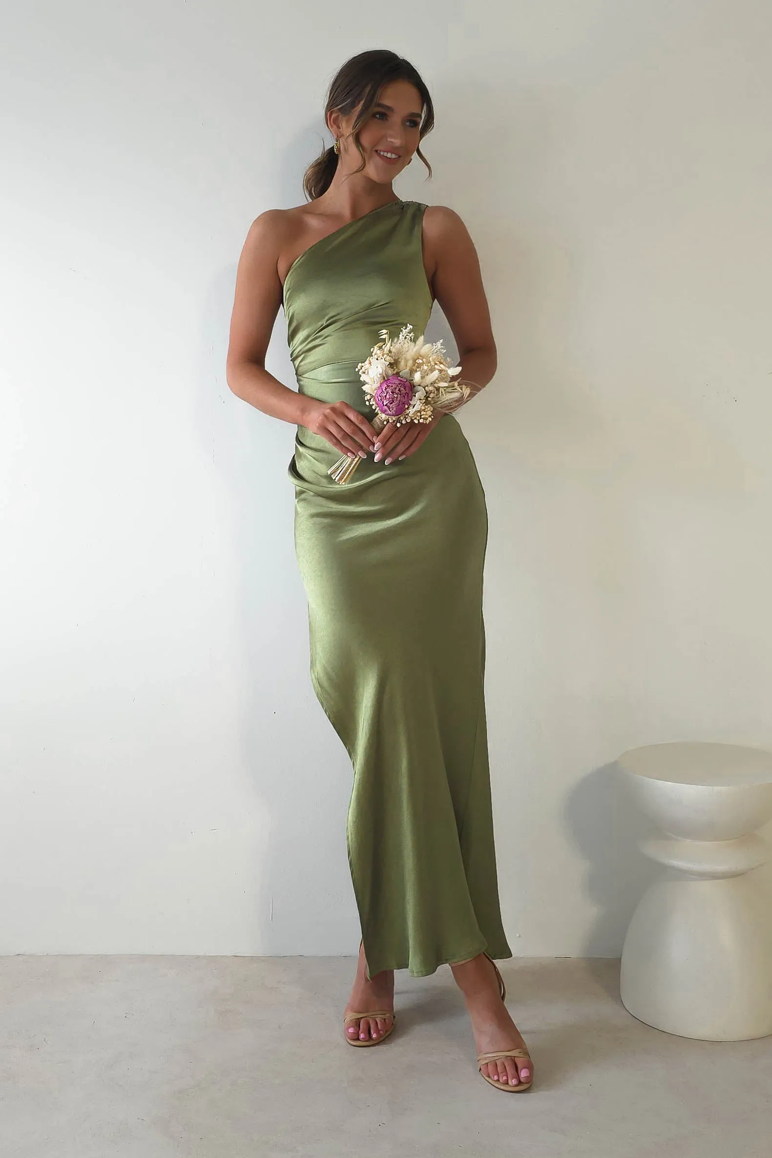 Thessy Soft Satin Maxi Dress | Olive