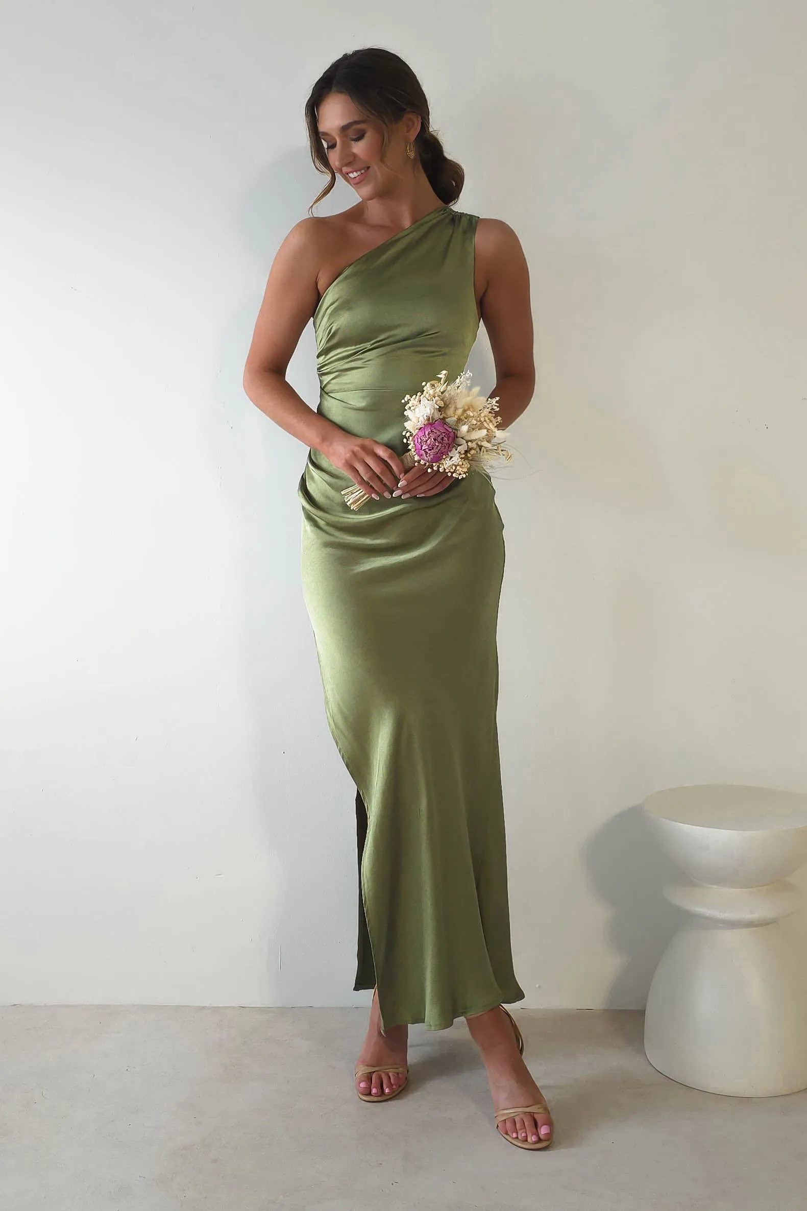 Thessy Soft Satin Maxi Dress | Olive