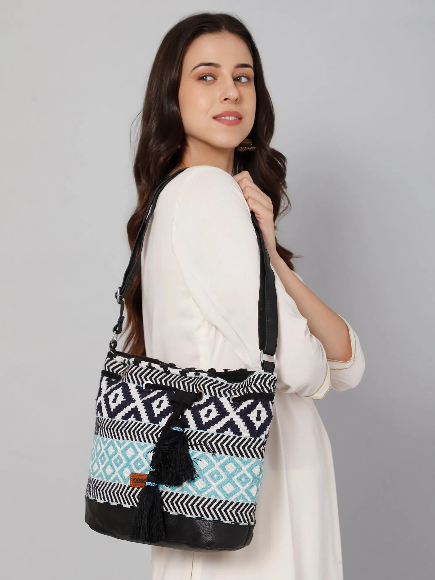 Women Black Aztec Jacquard Sling Bag With Drawstring Closure
