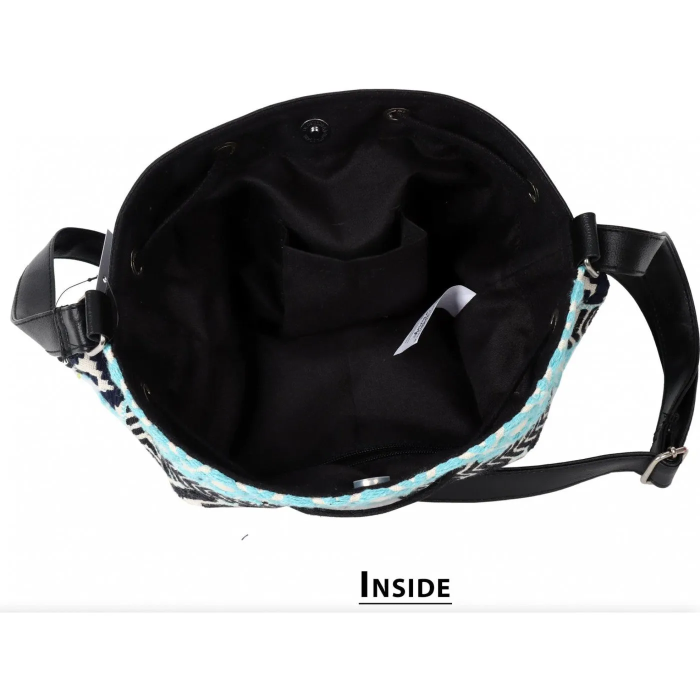 Women Black Aztec Jacquard Sling Bag With Drawstring Closure