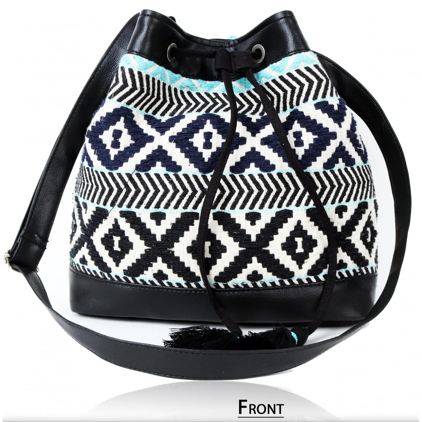 Women Black Aztec Jacquard Sling Bag With Drawstring Closure