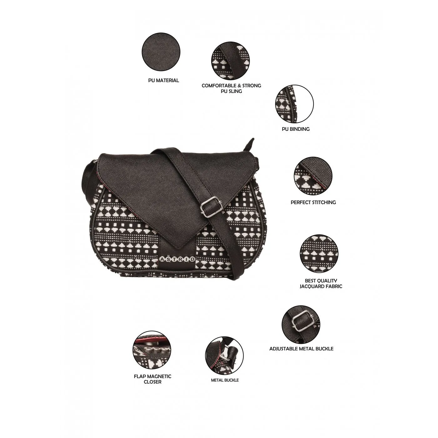 Women Black Textured Sling Bag With Pu Strap